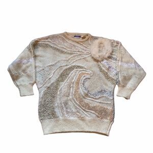 Vtg 80s Mariea Kim‎ Sweater  M Beige 3D Textured Applique Dolman Sleeve Artwork